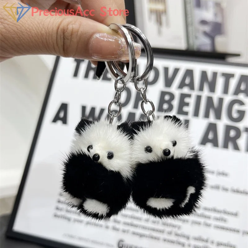 Mink Fur Panda Keychain Bag Pendant Creative Cute Black White Panda Mobile Phone Bag Plush Keyring Accessories