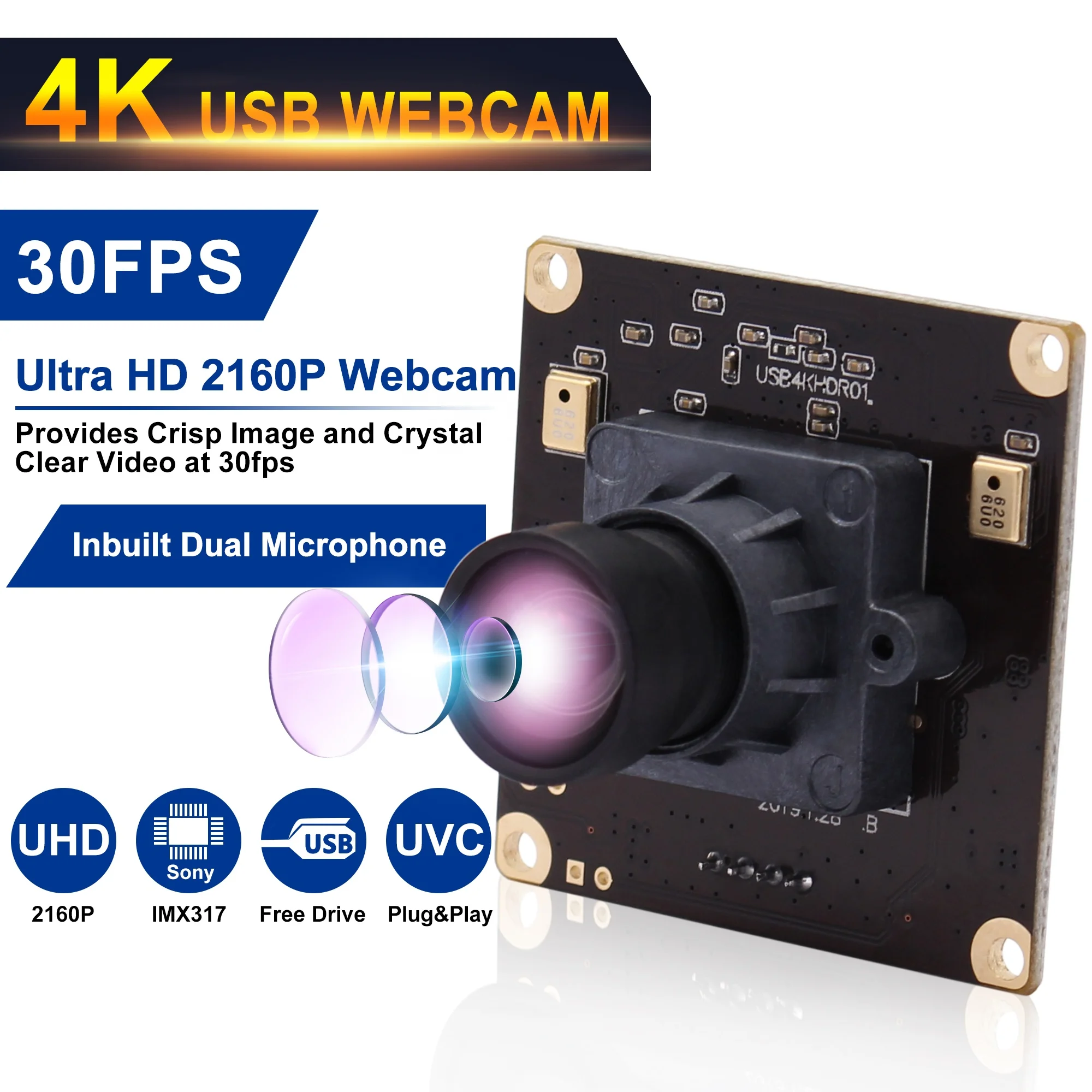 ELP UHD 4K Camera 3840X2160 30fps USB webcam module IMX317 with no distortion lens for Smart KIOSK, ROBOT, ATM, Casino Game