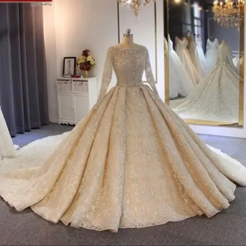 

Beige Lace Appliques Bridal Gowns Elegant Long Sleeves Draped Floor Length Ball Gowns Gorgeous Chapel Train Wedding Dress 2024