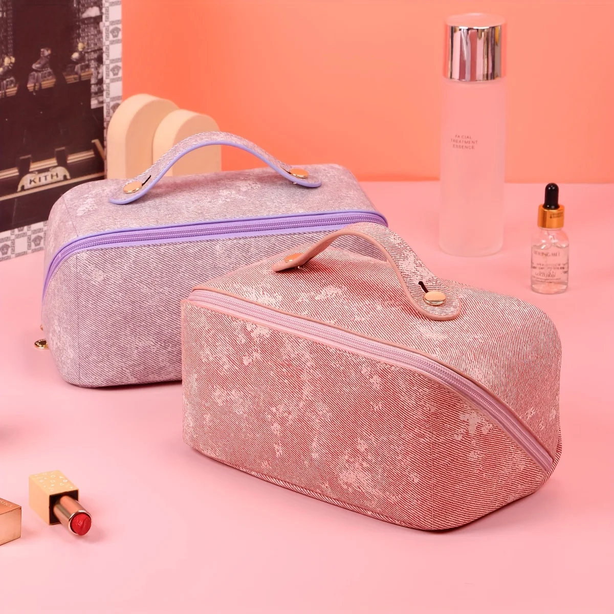 Borsa per il trucco da viaggio, borse per cosmetici di grande capacità per le donne, borsa per il trucco piatta aperta con custodia portatile