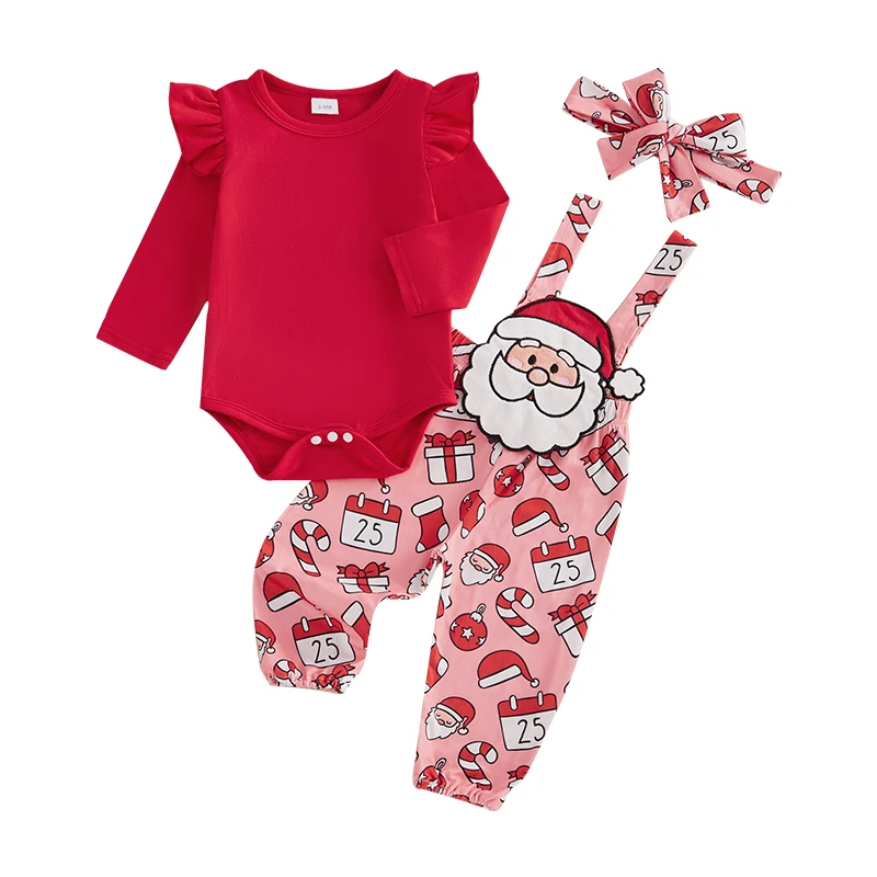 

Baby Girl 3Pcs Christmas Outfits Long Sleeve Romper Suspender Pants Headband Set Infant Clothes