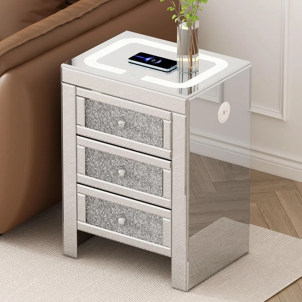 Silver Rectangle Mirrored Nightstand with 3 Drawers, End Table with Wireless and USB Charging,LED Lights for Bedroom Living Room