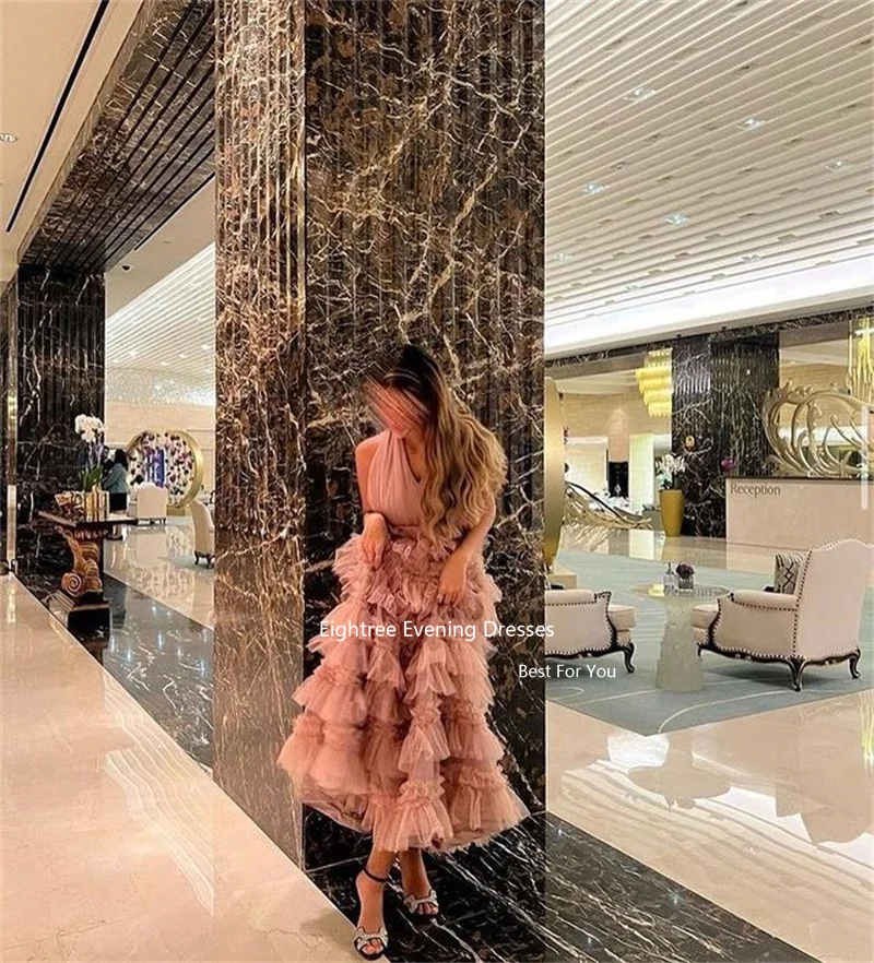 Eightree Vintage Evening Dress Tulle Ruffles Tiered Halter Long A Line Abendkleider Dubai Robe De Soirée Party Dresses 2023