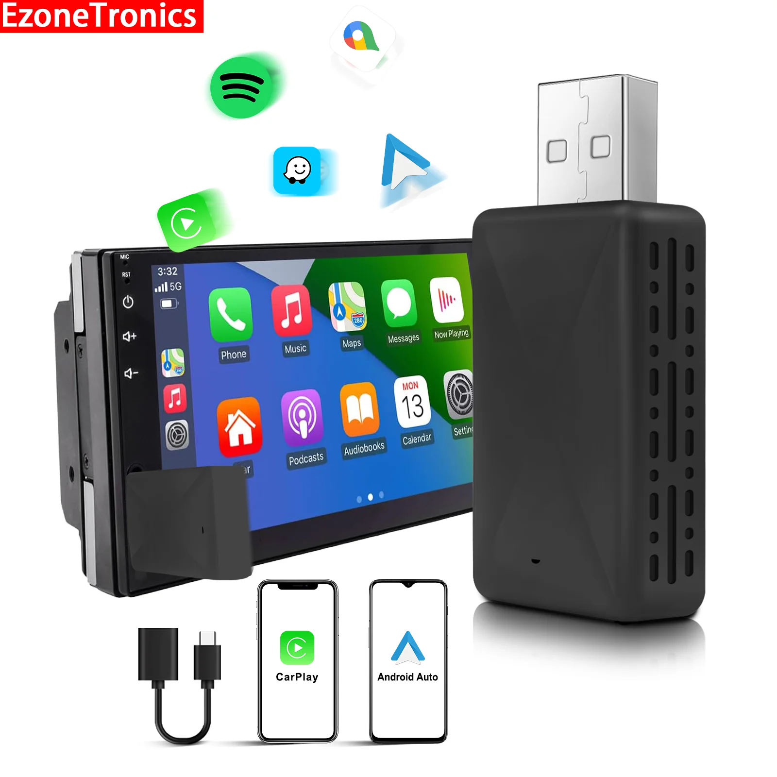 Ezonetronics Wireless Mini Box 2in1 CarPlay Android Auto Mini Box Adapter Smart Plug And Play Dongle Bluetooth WiFi Fast Connect