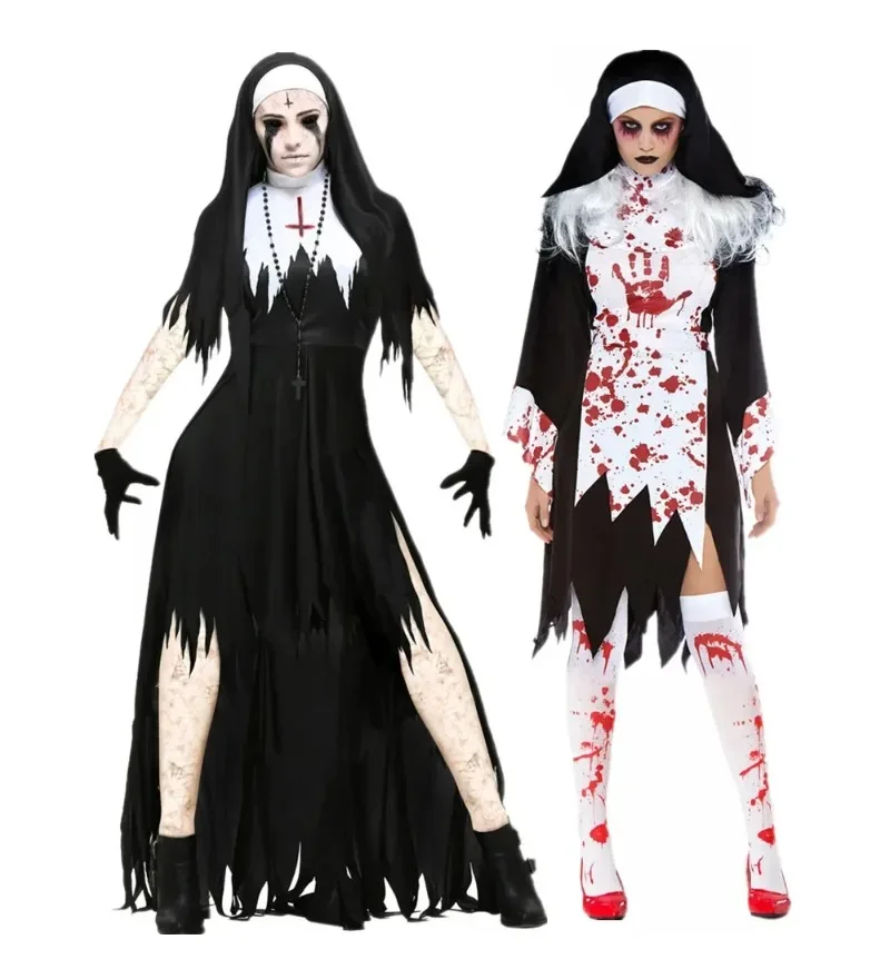 

Halloween Nun Cosplay Costume Women Scary Sinful Sister Costumes Vampire Demon Costume Cross Print Long Dress