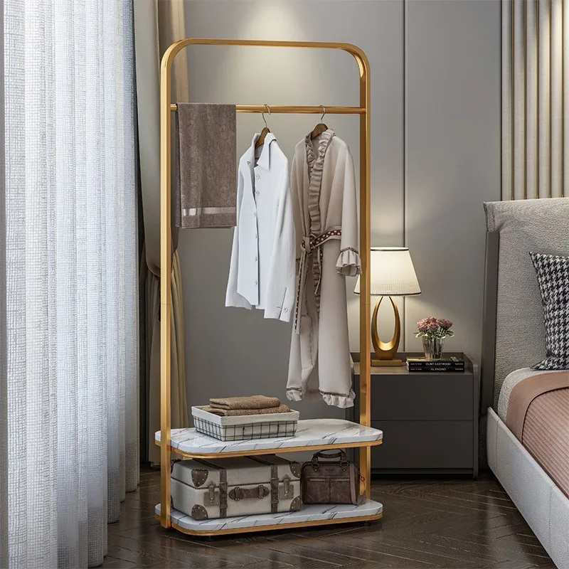 

Light luxury coat rack ins style bedroom simple household indoor wrought iron marble pattern floor clothes rack hanging hanger