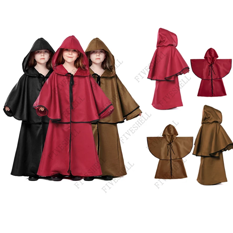 Bata Medieval con capucha para niños y niñas, capa de monje de manga larga, capa de guía de mago, ropa de Cosplay, disfraz de Drama de escenario para Halloween