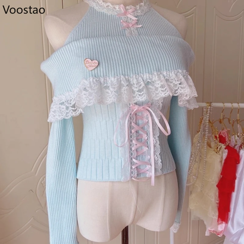 일본 카와이 로리타 스타일 니트 풀오버 여성 가을 ​​달콤한 레이스 프릴 붕대 오프 숄더 스웨터 여성 귀여운 슬림 탑
