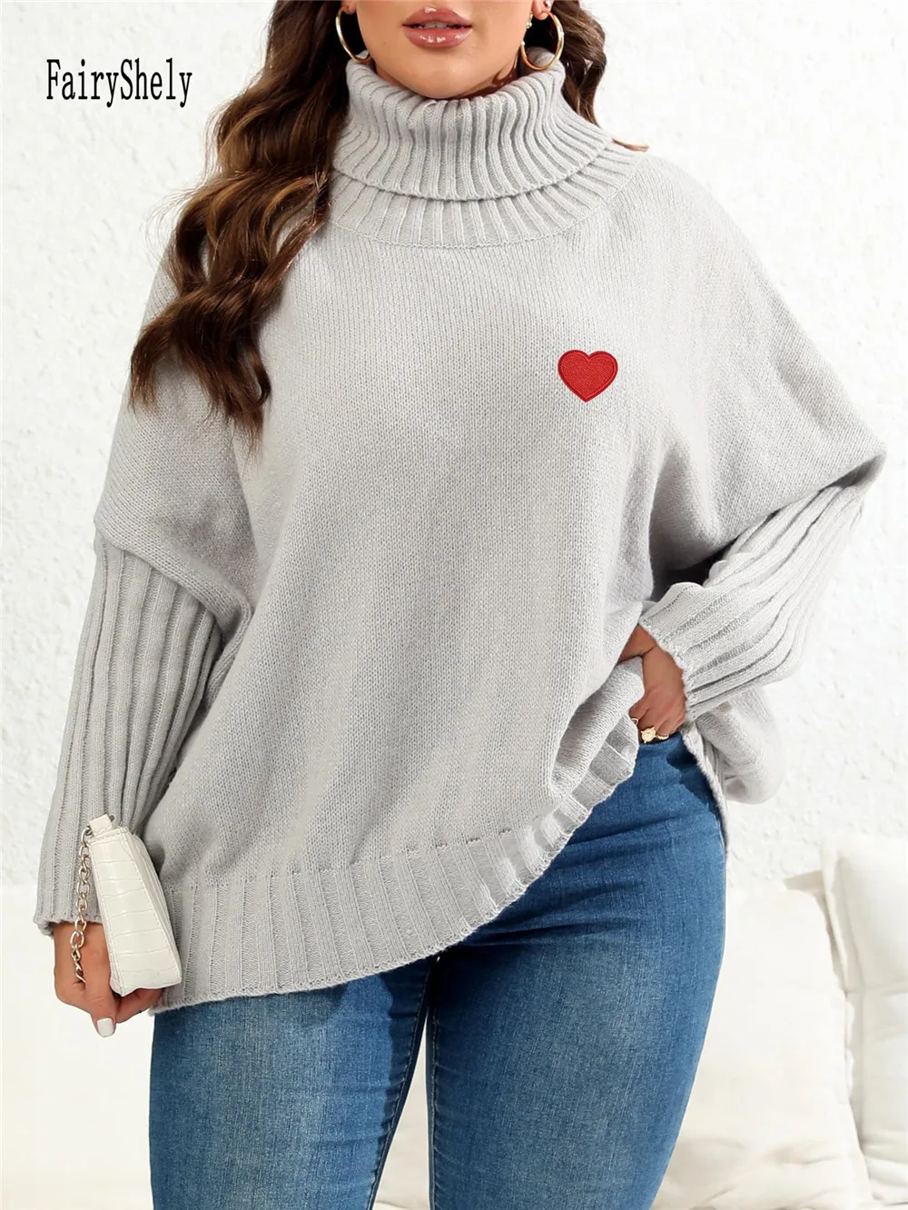 2025 zimowy sweter z golfem Plus Size damski serce duży sweter Lady Casual luźny sweter Oversize duże koszulki krągła dzianina