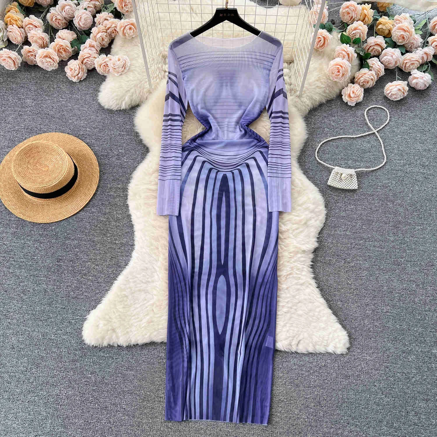 Vestido Bodycon con estampado de rayas de malla transparente Sexy para mujer, cuello redondo, manga larga, ajustado, Fiesta en la playa, Verano