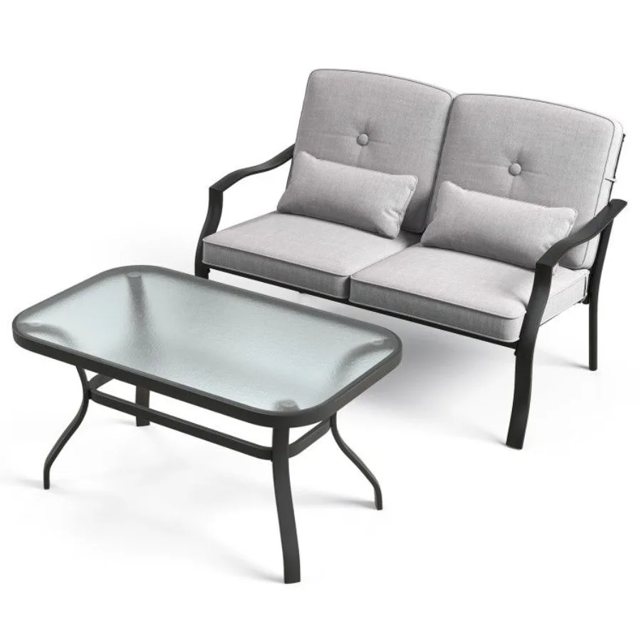 

Outdoor Loveseat Chair Set with Tempered Glass Coffee Table