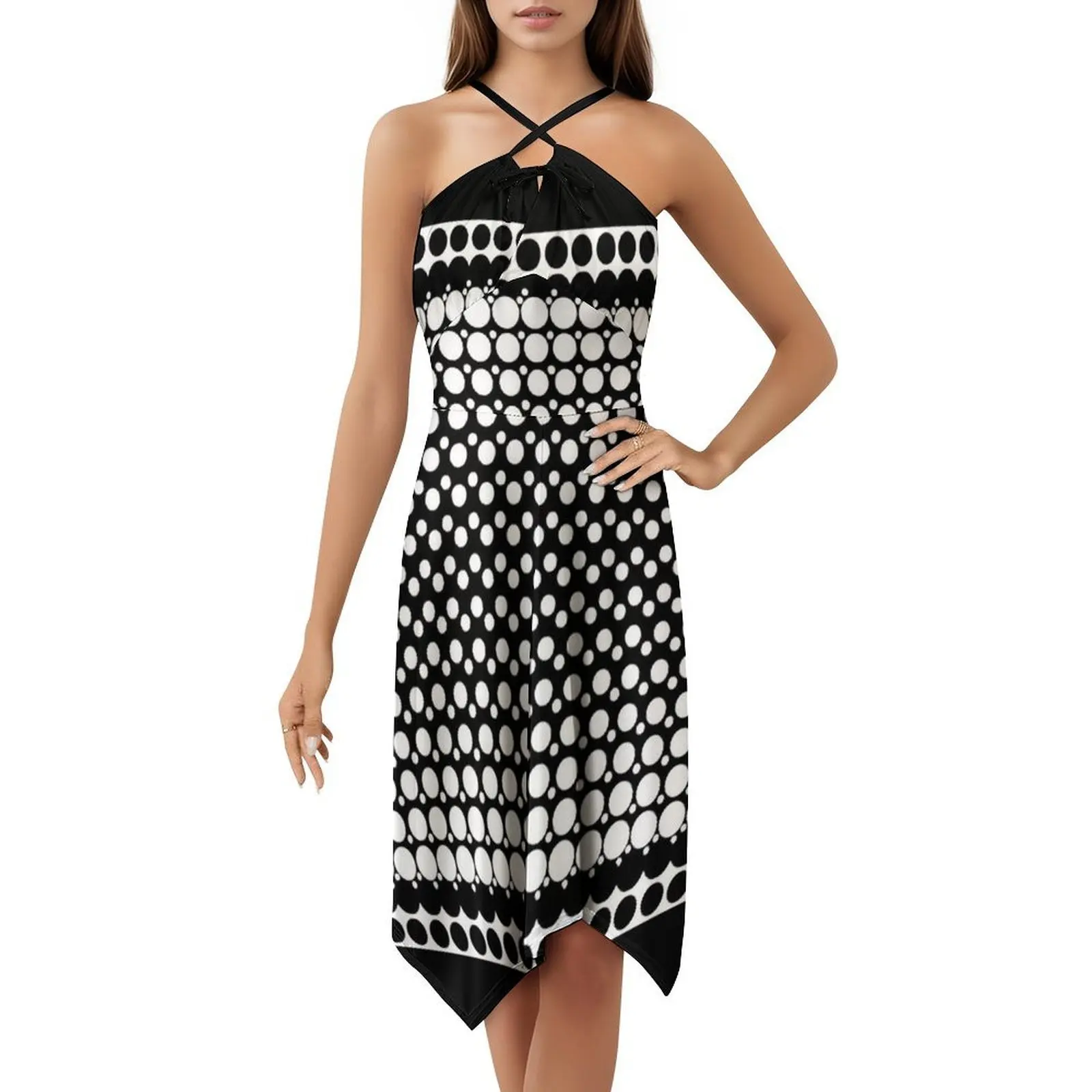 أبيض وأسود البوب النقاط 4 فستان بصدر مفتوح فستان حفلة صيفي أنيق للنساء أبيض وأسود نصف لهجة النقاط البولكا #5