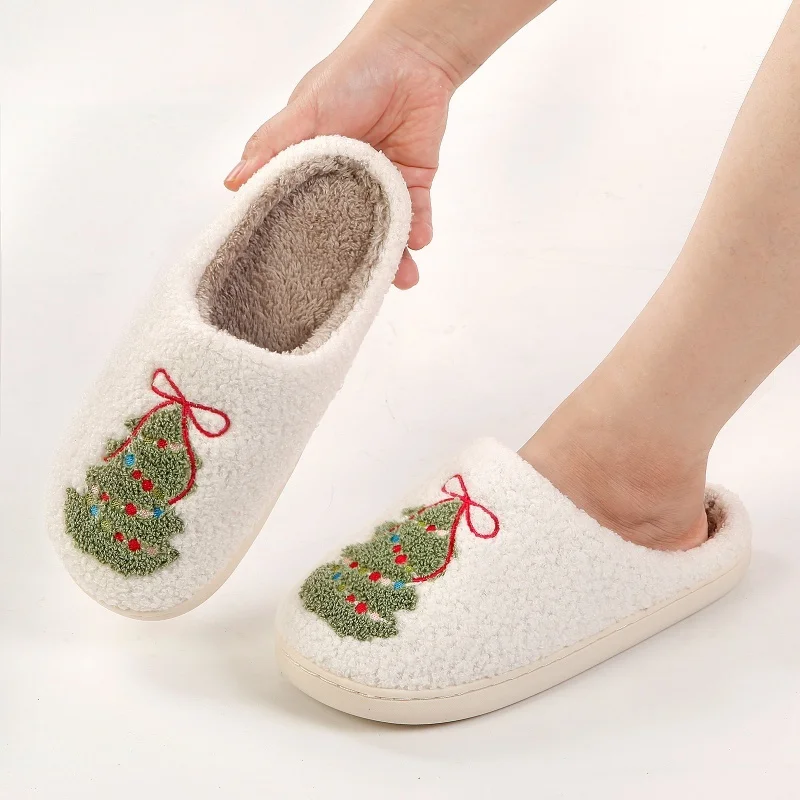 Winter Christmas Tree Cotton Slippers for Women Couple Winter Cute Cartoon Home Non-slip Sandals Adult Indoor Floor Plush Slides