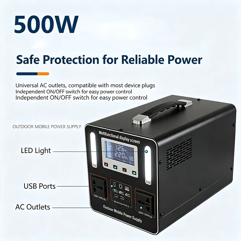 600W Portable Power Station 220V LiFePO4 High Power 555Wh 55Ah Solar Outdoor Mobile Power Supply Home Emergency Energy Storage