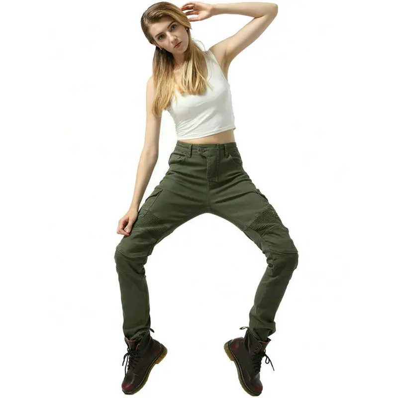 أنثى دراجة نارية أربعة مواسم ركوب الجينز الجيش الأخضر موتوكروس حماية السراويل النسائية قاطرة واقية بنطلون مستقيم #5