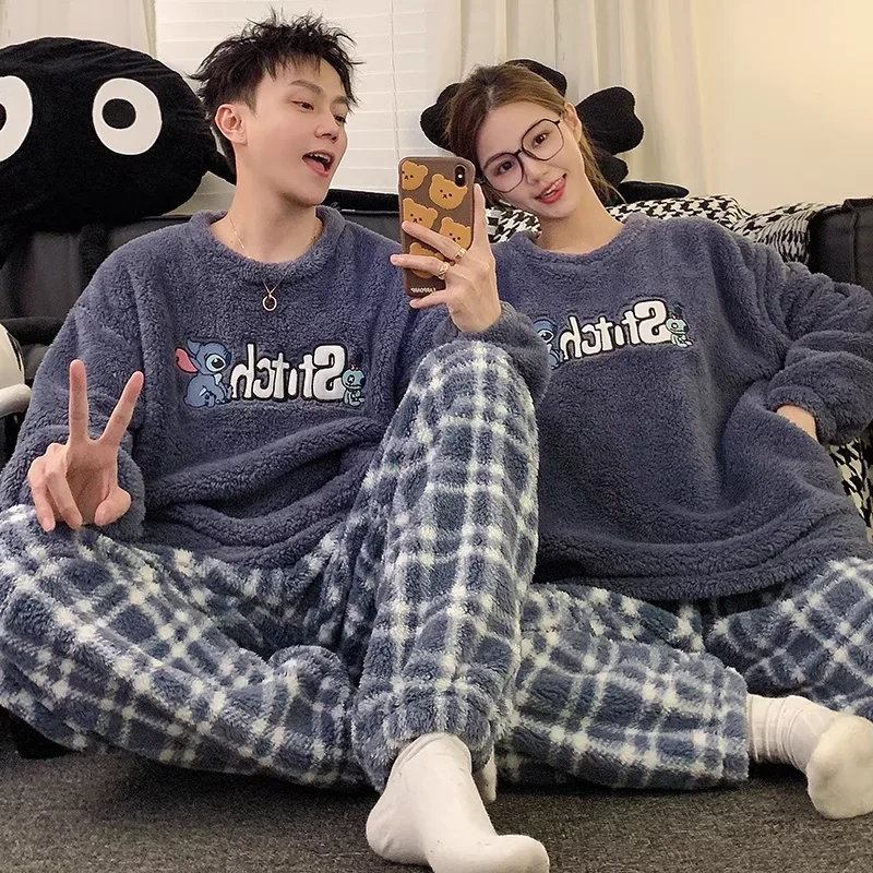 Cartoon Stitch couple pajamas set winter plush long-sleeved trousers two-piece set men\'s/women\'s loungewear women\'s pajamas