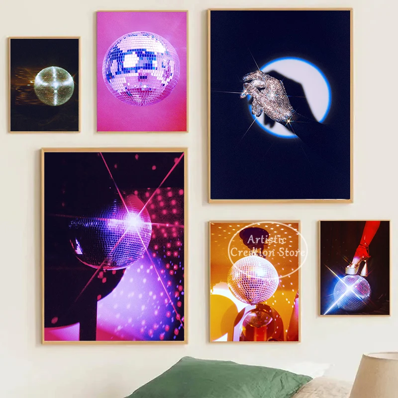 Groovy Shoe and Disco Ball Glitter Hand Poster Canvas Painting Prints Wall Pictures Living Room Club Bar Wall Home Decor Gifts