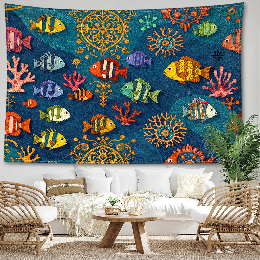 Deep Blue Tropical Fish Coral Printed Tapestry Wall Hanging Bohemian Style Bedroom Home Decor