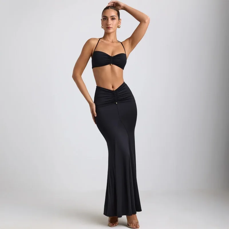 

Apprabant Solid Hanging Neck Skirt Set Backless Open Navel Tank Top Sexy Pleated High Waist Wrapped Hip Skirts Suit For Women