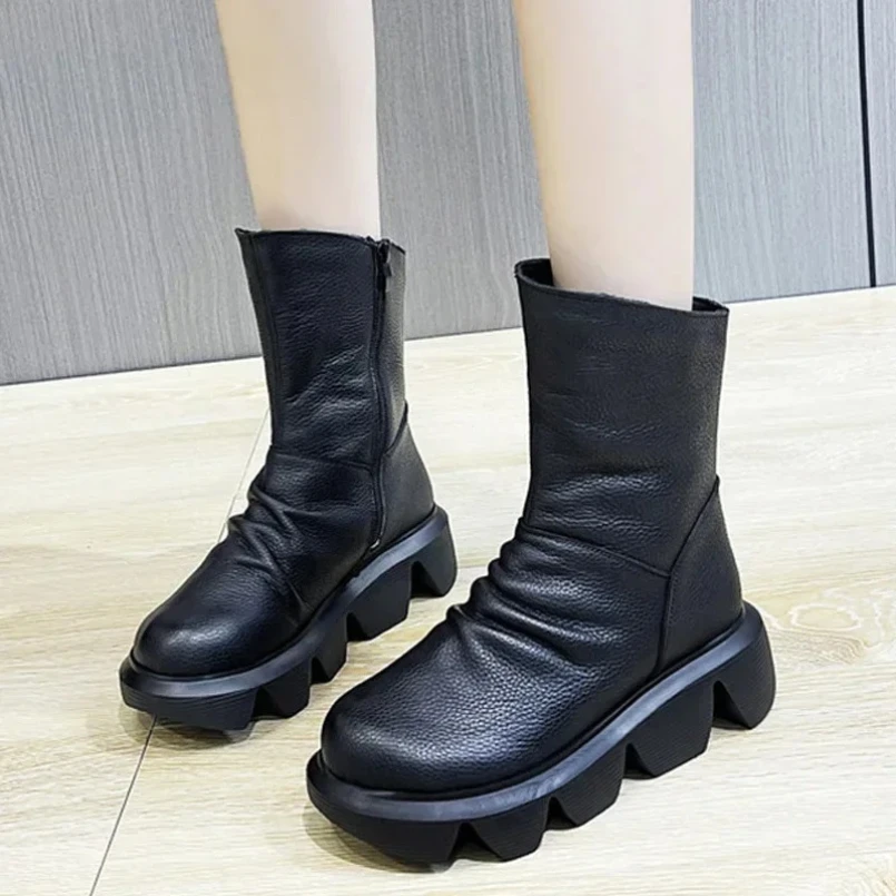 

2025 ботильоны, женские ботинки из натуральной коровьей кожи на платформе, мягкая удобная осенне-зимняя женская обувь с боковой молнией, ручная работа