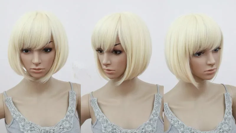 Bob Wig Oblique Inclined Bangs Short Wavy Blonde Hair Synthetic Heat Resistant Halloween Cos-play Women Hairpiece