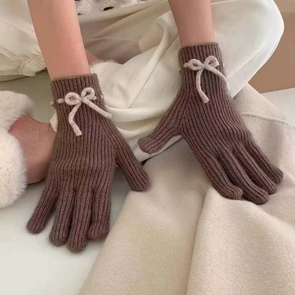 Comfortable Knitted Texture Wool bow knit gloves Solid Color Windproof Touch Screen Gloves Thermal Riding Gloves Outdoor Sports