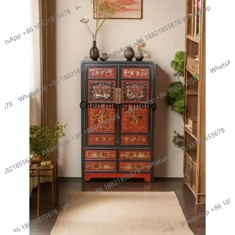 

Chinese retro all-solid wood gold-painted porch storage cabinet locker