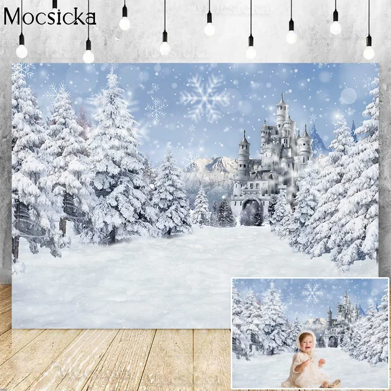 

Winter Snow Scene Castle Photography Backdrop Pine White Forest Snowflake Photocall Kids Family Portrait Background Photo Studio