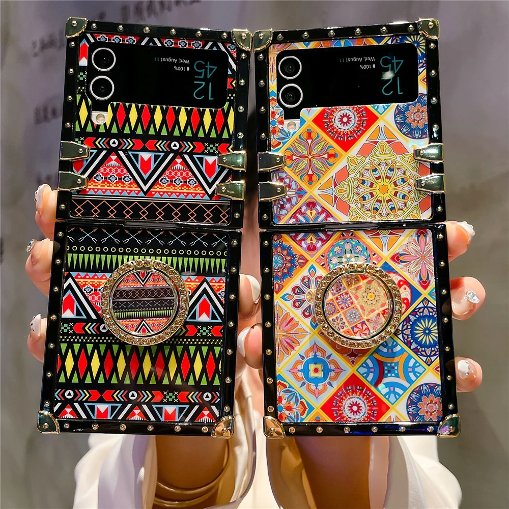 Retro Phone Cover For Samsung Galaxy Z Flip 6 Z Flip 3 Geometry Plaid Bohemian Pattern Case For Samsung Galaxy Z Flip 5 Z Flip 4