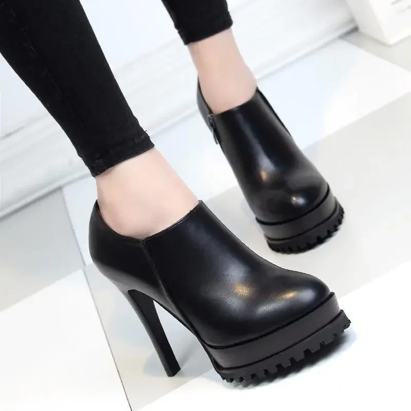 

Одиночные туфли, универсальные женские туфли на высоком каблуке с меховой подкладкой, водонепроницаемые, на платформе, с тонким каблуком, с круглым носком, короткие ботинки.