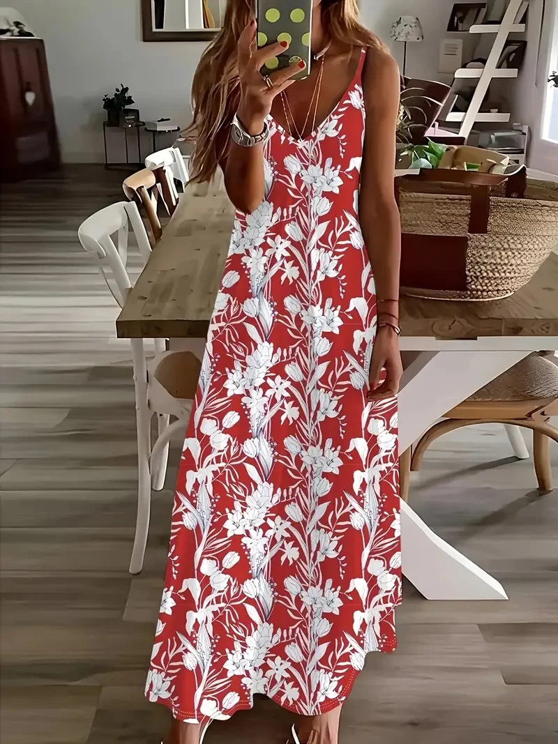 

Women's Casual Loose V Neck Spaghetti Straps Elegant Floral Print Maxi Dress Summer Beach Seaside Resort Style Slip Dress