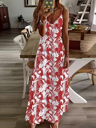 Women's Casual Loose V Neck Spaghetti Straps Elegant Floral Print Maxi Dress Summer Beach Seaside Resort Style Slip Dress