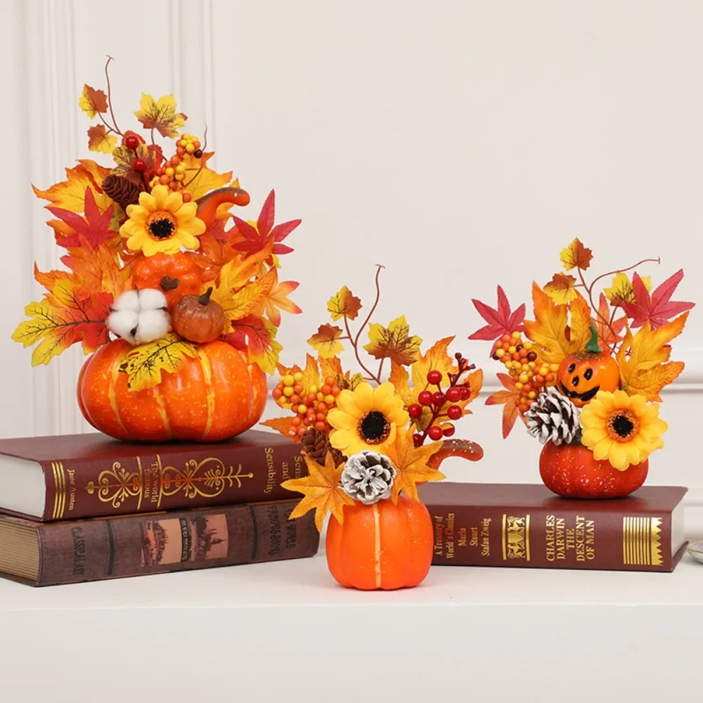 Autumn Harvest Artificial Pumpkin Sunflower Ornament Realistic Flower Simulation Decoration Party Fall Home Window Decor Props