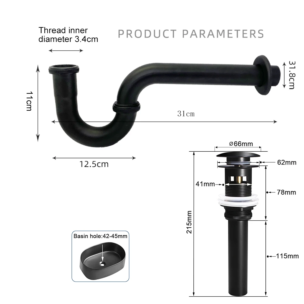 Matte Black Bathroom Drain Hose P-TRAP Kit Bathroom Sink Drainpipe Basin Pop Up Tube Brass Washbasin Wall Floor Flushing Pipe