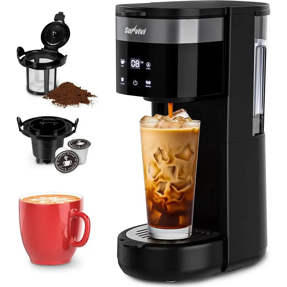 Кофеварка со льдом на одну порцию, сенсорный экран, 3 варианта заваривания, чашка K, капсула, молотый кофе, съемный резервуар для воды, самоочищающийся