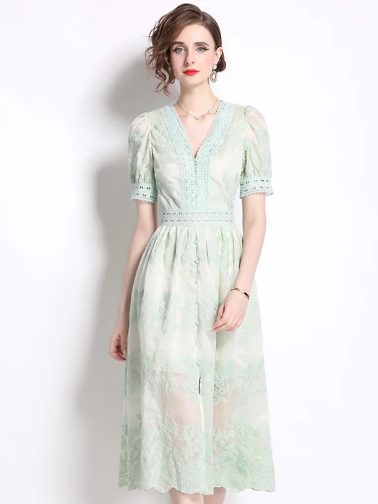 

SMTHMA Runway Designer High Quality Embroidery Lace Patchwork Maxi Long Party Night Dresses A Line Vintage Elegant Dress