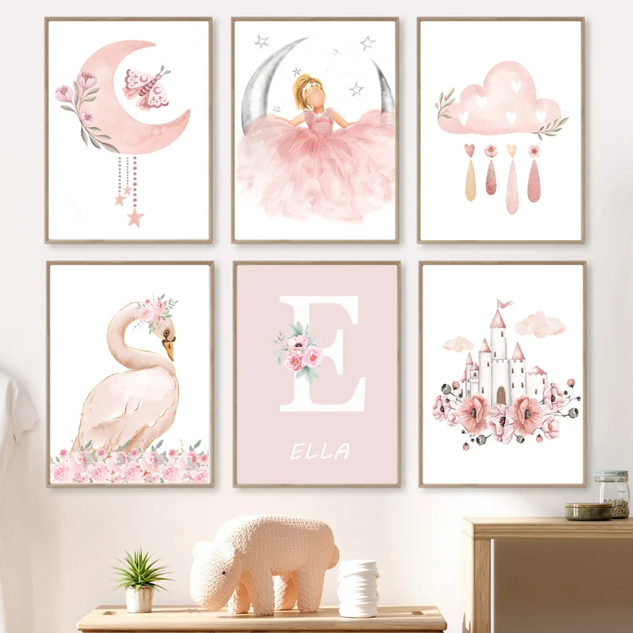 Pink Angel Girl Sun Moon Cloud Swan Castle Wall Art Nursery Canvas Painting Nordic Posters Prints Pictures Baby Kids Room Dec