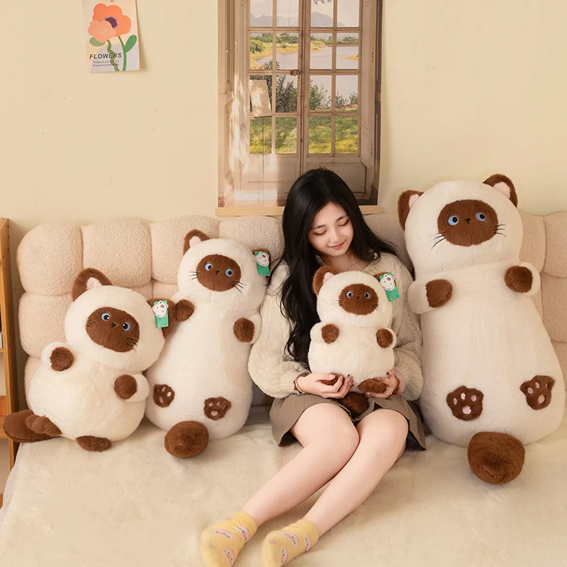 Cute Cat Plush Toy Stuffed Animal Simulation Siamese Kitten Plushies Doll Cartoon Soft Kids Toys Baby Sleeping Pillow Girls Gift