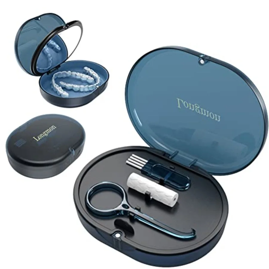 2 Pack Blue New Double-layer Aligner Case with Belt Chewing, Removal Tool, Cleaning Brush, Built in Mirror Orthodontic Case