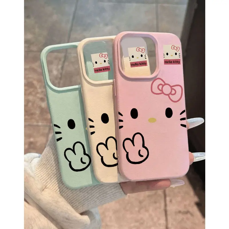 Cute Happy Hello Kitty Fashion TPU Imitation Leather Phone Case For iPhone 16 Plus 15 14 13 12 11 Pro Max Shock-absorbing