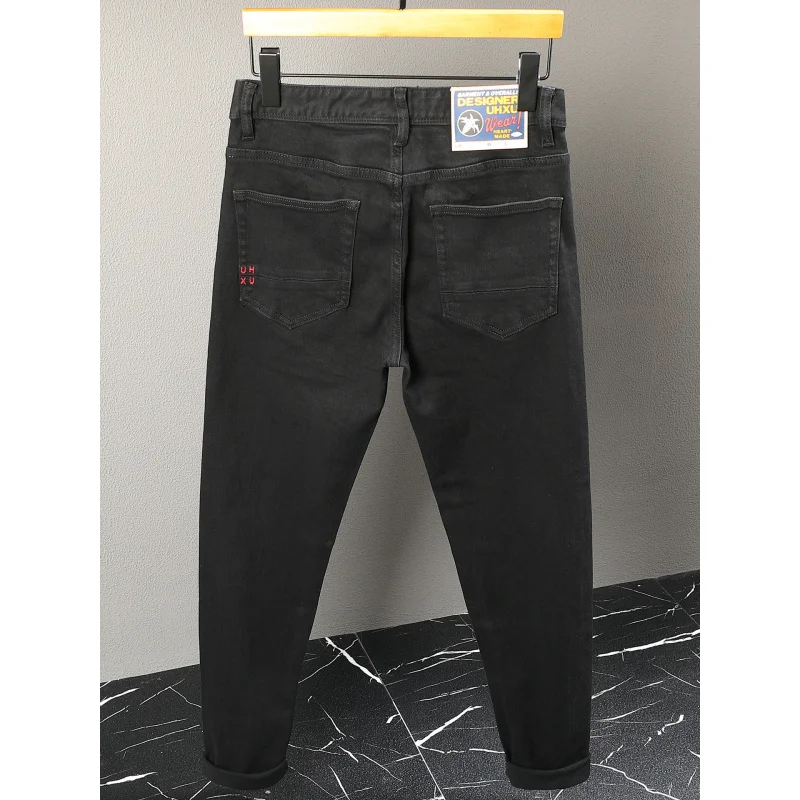 ハイエンドのミニマリストブラックジーンズ、メンズストリートウェアトレンド、伸縮性があり、細身のファッションパンツ