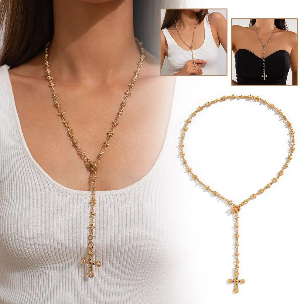 Vintage Cross Pendant Necklace Women 70cm Y Chain Alloy Daily Tassel Jewelry Fashion Gift Party Fringe Glass Beads Sweater O5D7