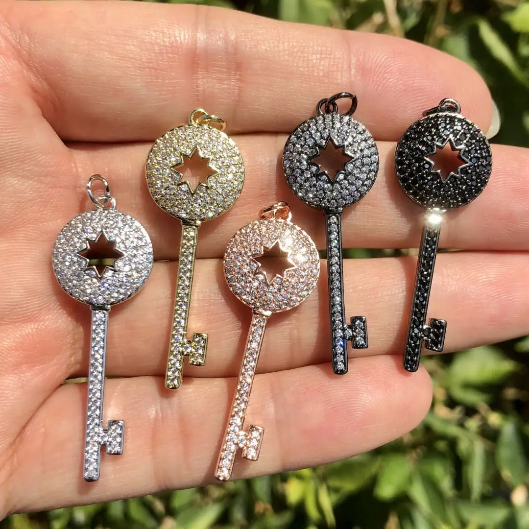 

5pcs/lot Zirconia Pave Brass Key Pendant with hollow Sparkle for Bracelet Jewelry Making