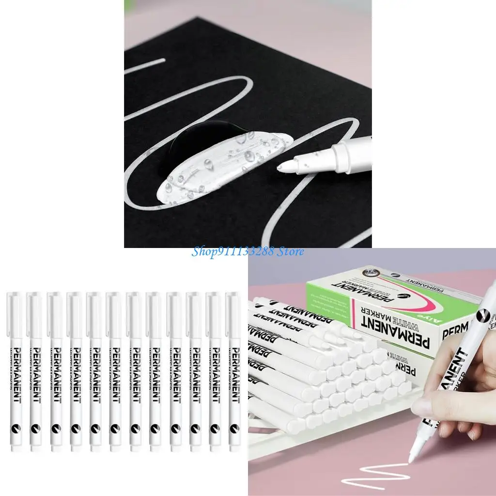

1/12Pieces White Permanent Marker 0.2mm Fine Tip Water Resistant Paint Pen For Fabric Wood Metal Wood Leather Glass