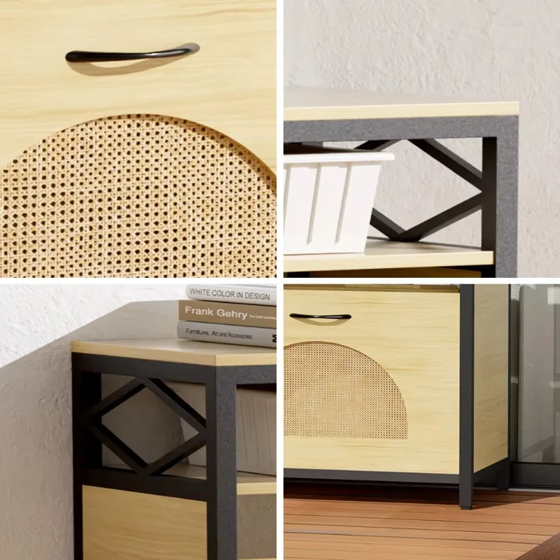 Versatile hallway shoe cabinet with decorative woven pattern panels and open top shelf for home entry furniture