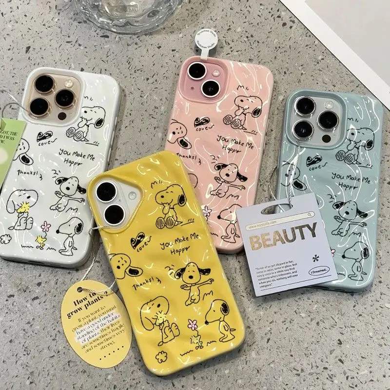 حافظة هاتف سنوبي بخطوط سوداء بسيطة لهاتف آيفون 16 برو 15 14 13 12 11 برو ماكس بلس غطاء ناعم جميل مضاد للسقوط ومضاد للصدمات