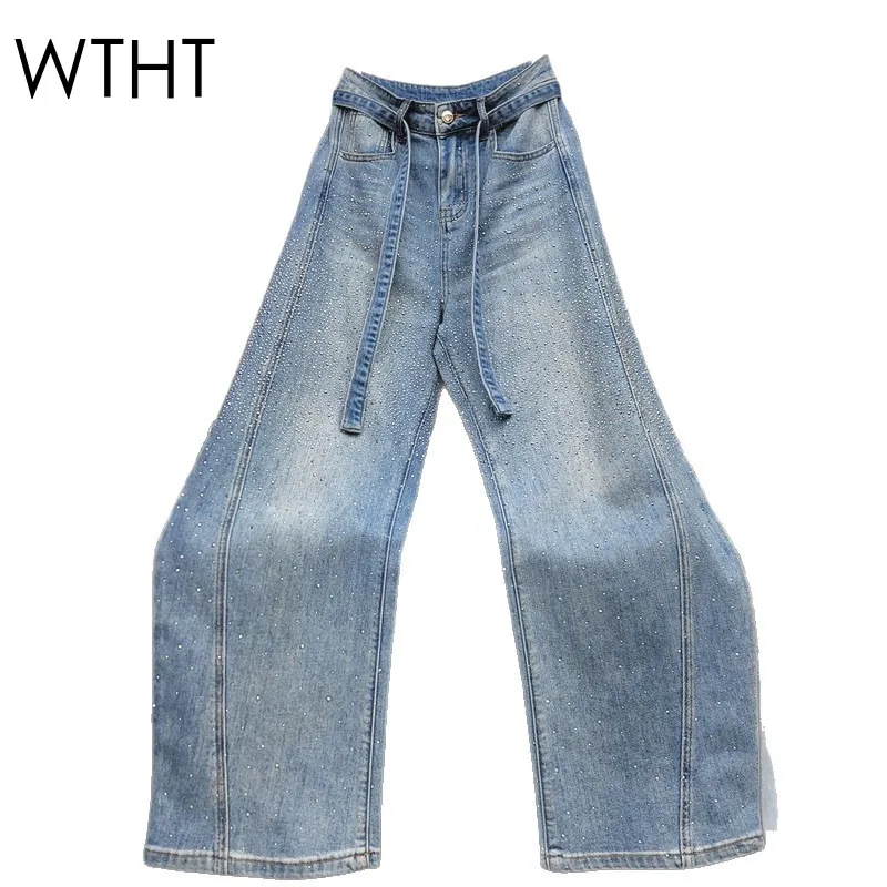 

WTHT Fashion Women's Heavy Industry Diamonds Wash Straight Jeans 2026 Spring High Waist Belt Design Denim Pants Female 1LS2876