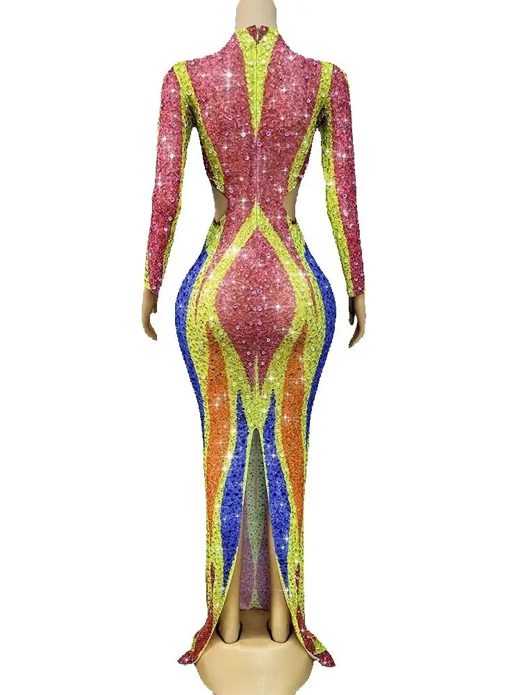 Vestido de malla bloqueado de Color elástico con abertura calada Sexy estampado en caliente de alta calidad 2025, nueva moda, ropa personalizada para mujer