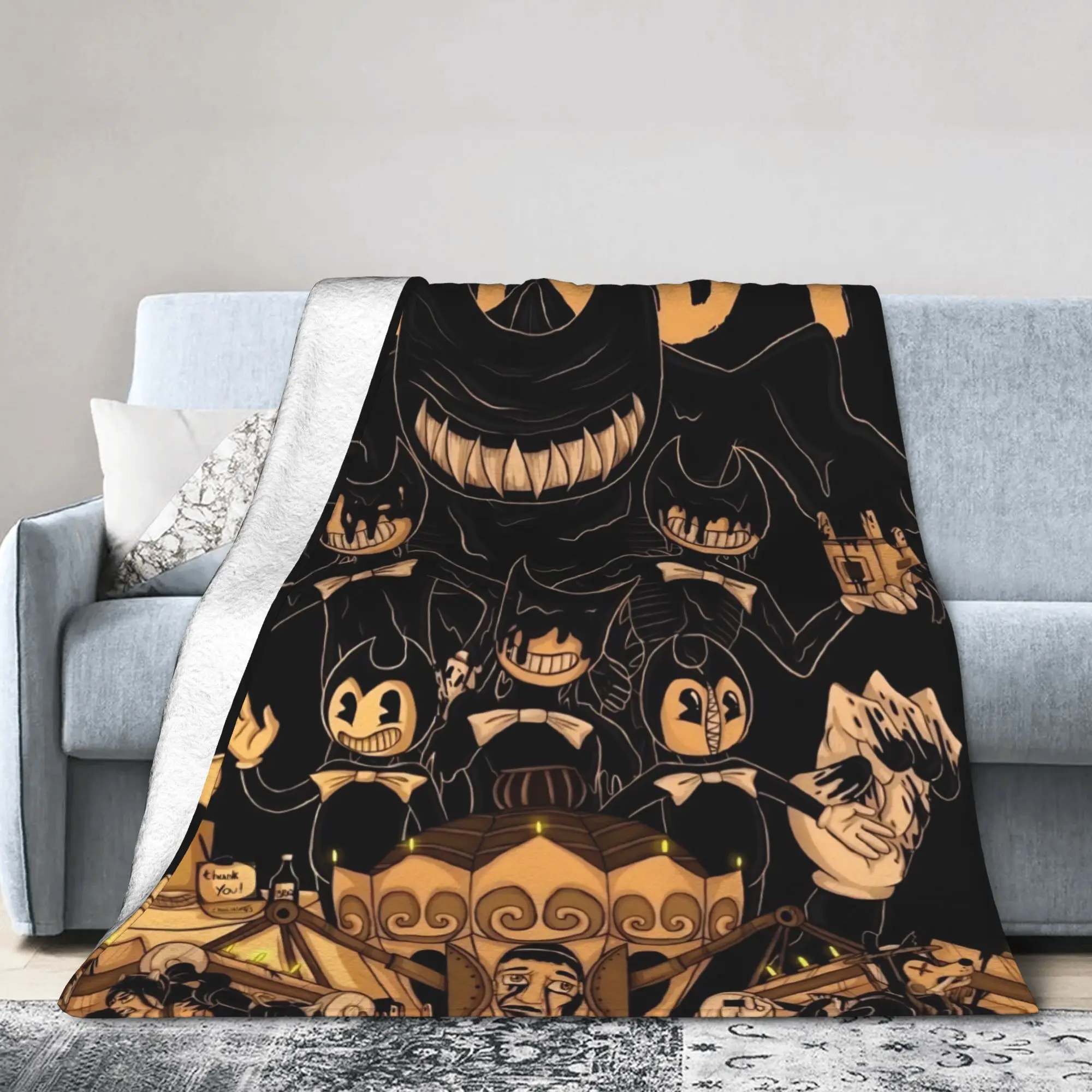 Bendys Horror Game Inked Machines Blanket Coral Fleece Plush Printed Puzzle Multi-function Lightweight Throw Blanket for Home