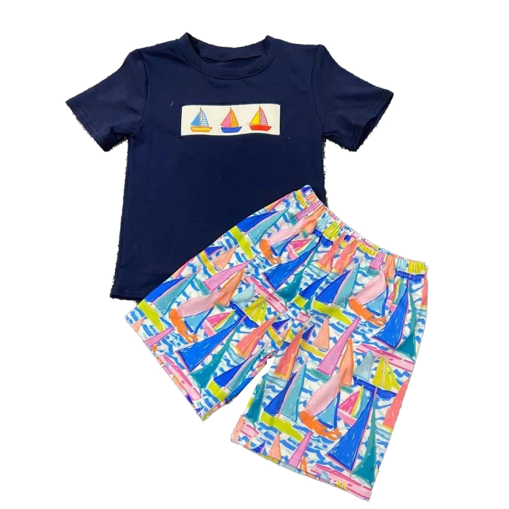 Boutique Kids Sailing Boat Clothing Summer Boys Sets Girls Tunic Shorts 2-Piece Set Baby Rompers